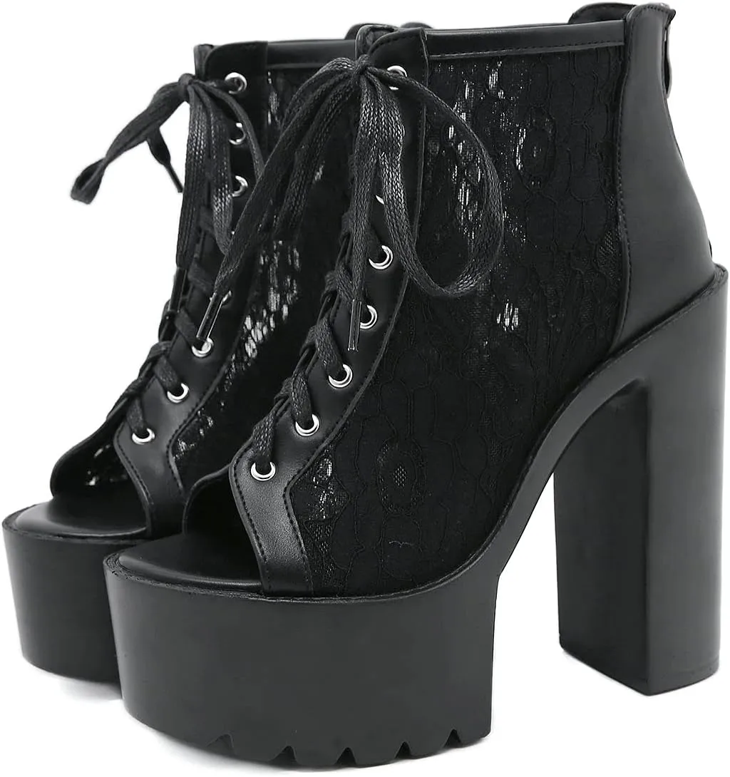 Trendenzy Women's Lace Peep Toe Platform Chunky High Heel Gothic Ankle Sandals