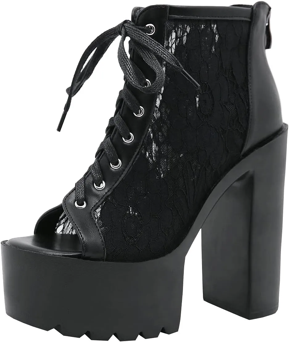 Trendenzy Women's Lace Peep Toe Platform Chunky High Heel Gothic Ankle Sandals