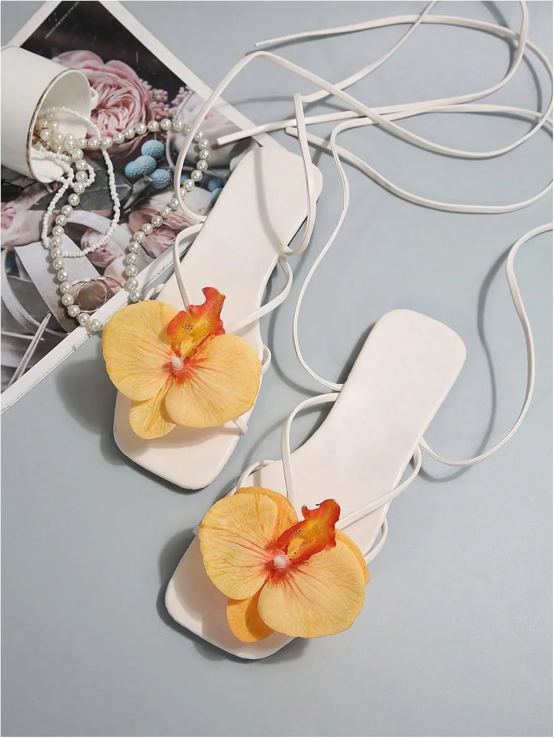Verdusa Women's 3D Flower Strappy Sandals Lace Up Square Toe Roman Sandals
