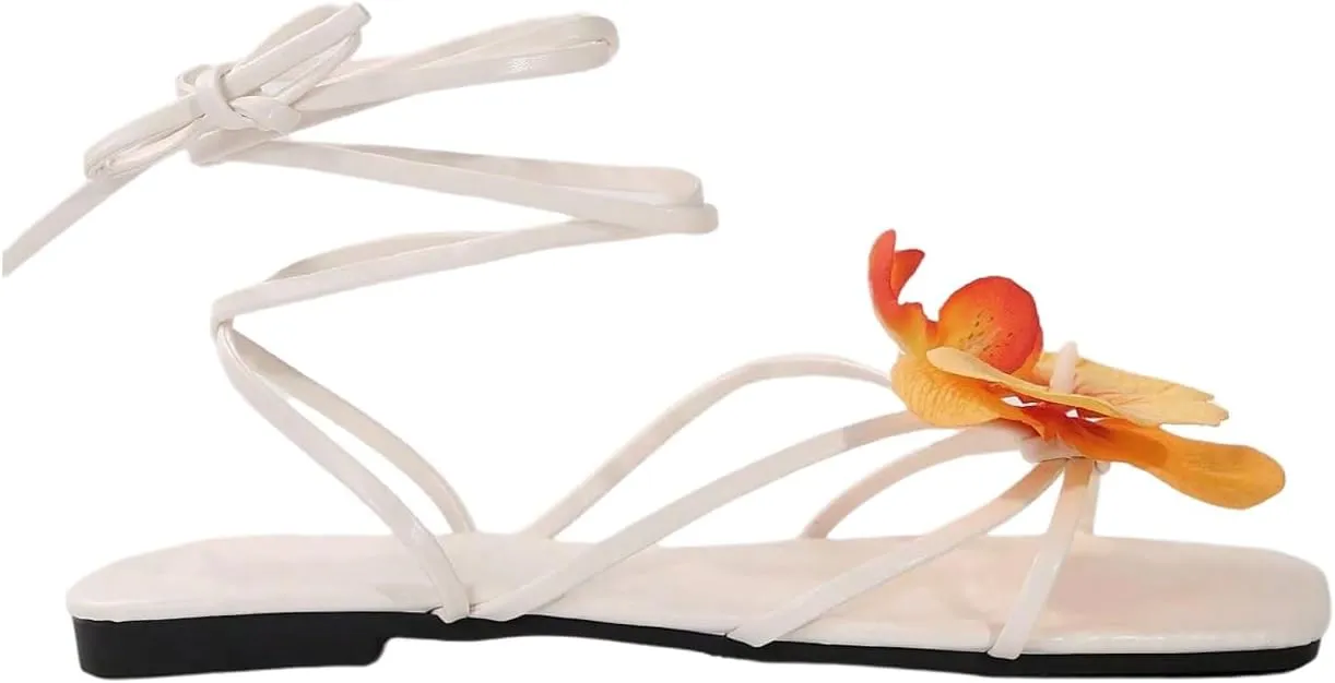 Verdusa Women's 3D Flower Strappy Sandals Lace Up Square Toe Roman Sandals