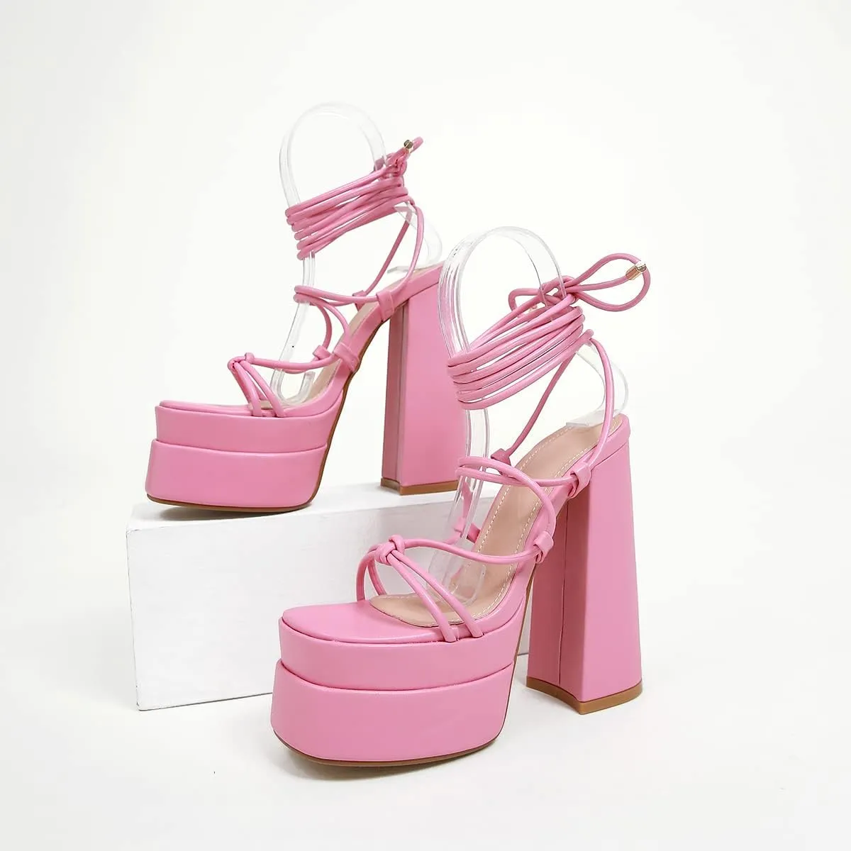 Vertundy Women's Platform Chunky Heel Sandals - Lace up Block High Heels Square Open Toe Strappy Dress Shoes for Party Dressy Summer Sexy