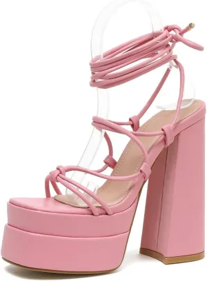 Vertundy Women's Platform Chunky Heel Sandals - Lace up Block High Heels Square Open Toe Strappy Dress Shoes for Party Dressy Summer Sexy