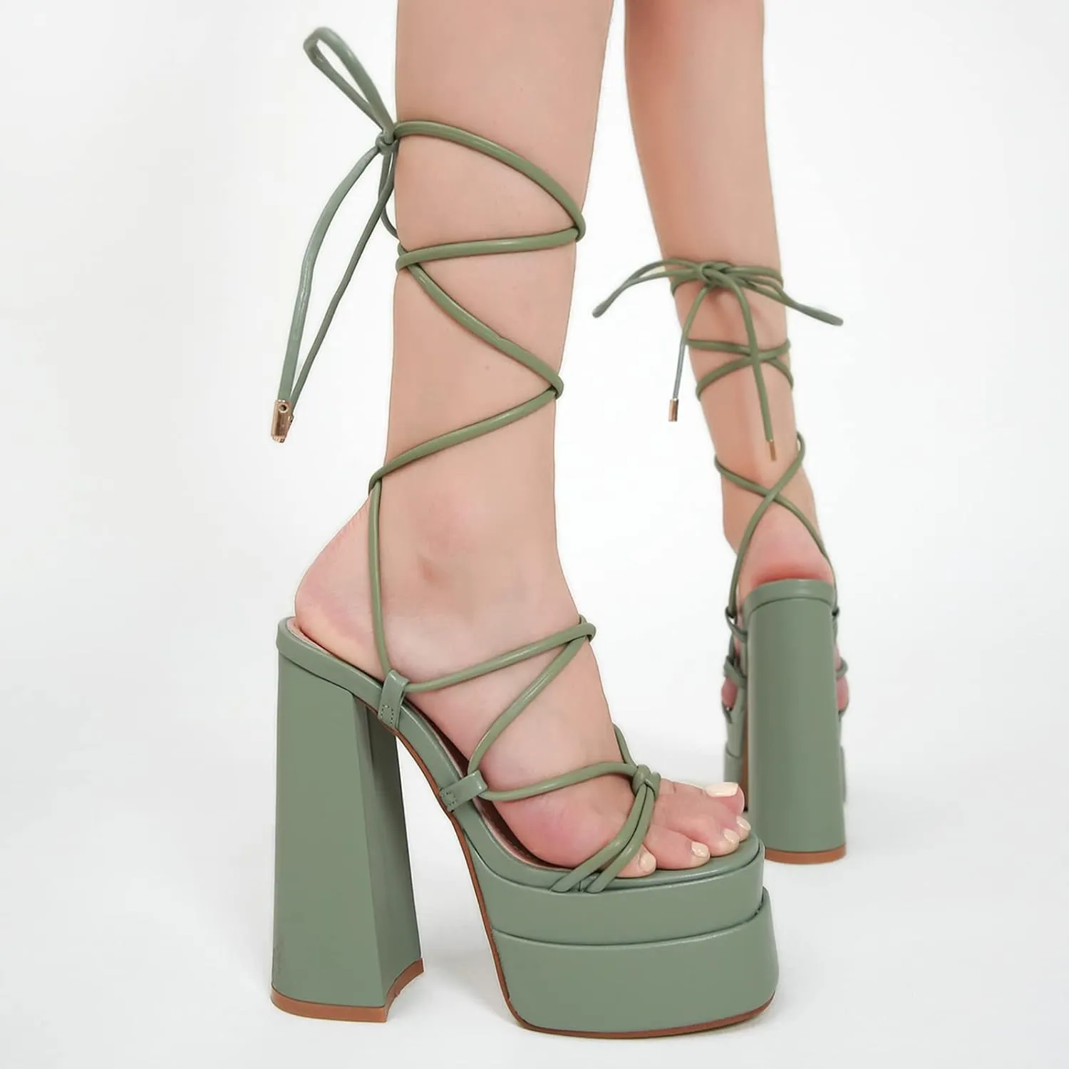 Vertundy Women's Platform Chunky Heel Sandals - Lace up Block High Heels Square Open Toe Strappy Dress Shoes for Party Dressy Summer Sexy
