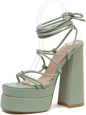 Vertundy Women's Platform Chunky Heel Sandals - Lace up Block High Heels Square Open Toe Strappy Dress Shoes for Party Dressy Summer Sexy