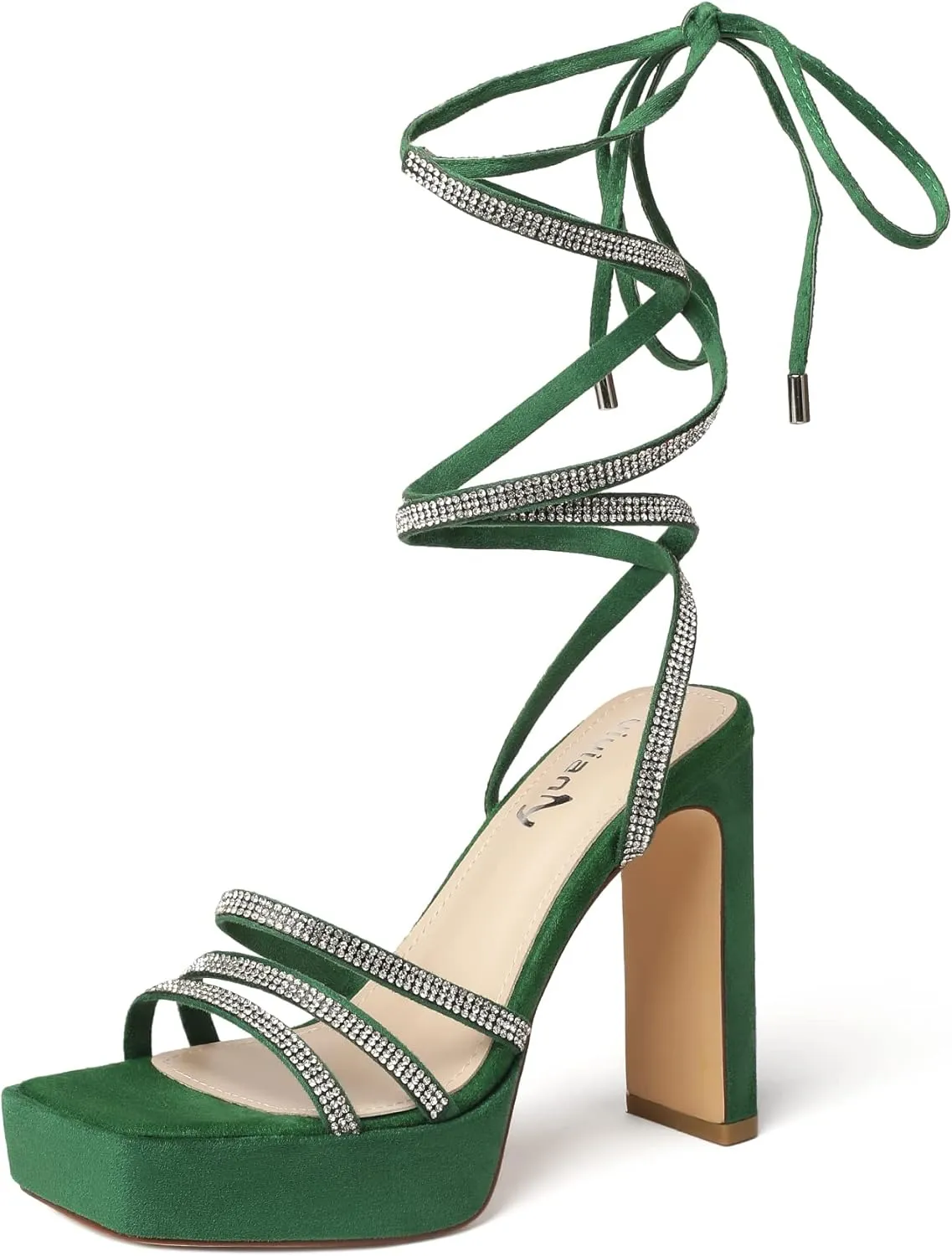 vivianly Women's Lace Up Platform Chunky Heel Sandals Suede Strappy Ankle Wrap Rhinestone Heels for Wedding Work Party Dress