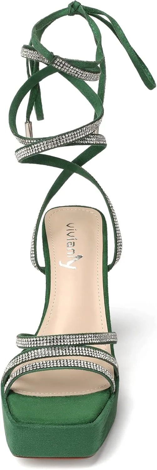 vivianly Women's Lace Up Platform Chunky Heel Sandals Suede Strappy Ankle Wrap Rhinestone Heels for Wedding Work Party Dress