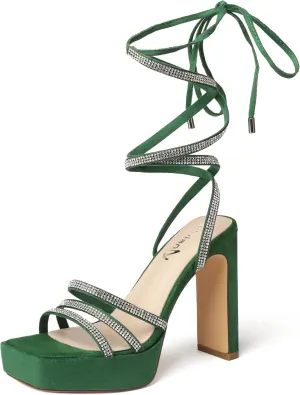 vivianly Women's Lace Up Platform Chunky Heel Sandals Suede Strappy Ankle Wrap Rhinestone Heels for Wedding Work Party Dress
