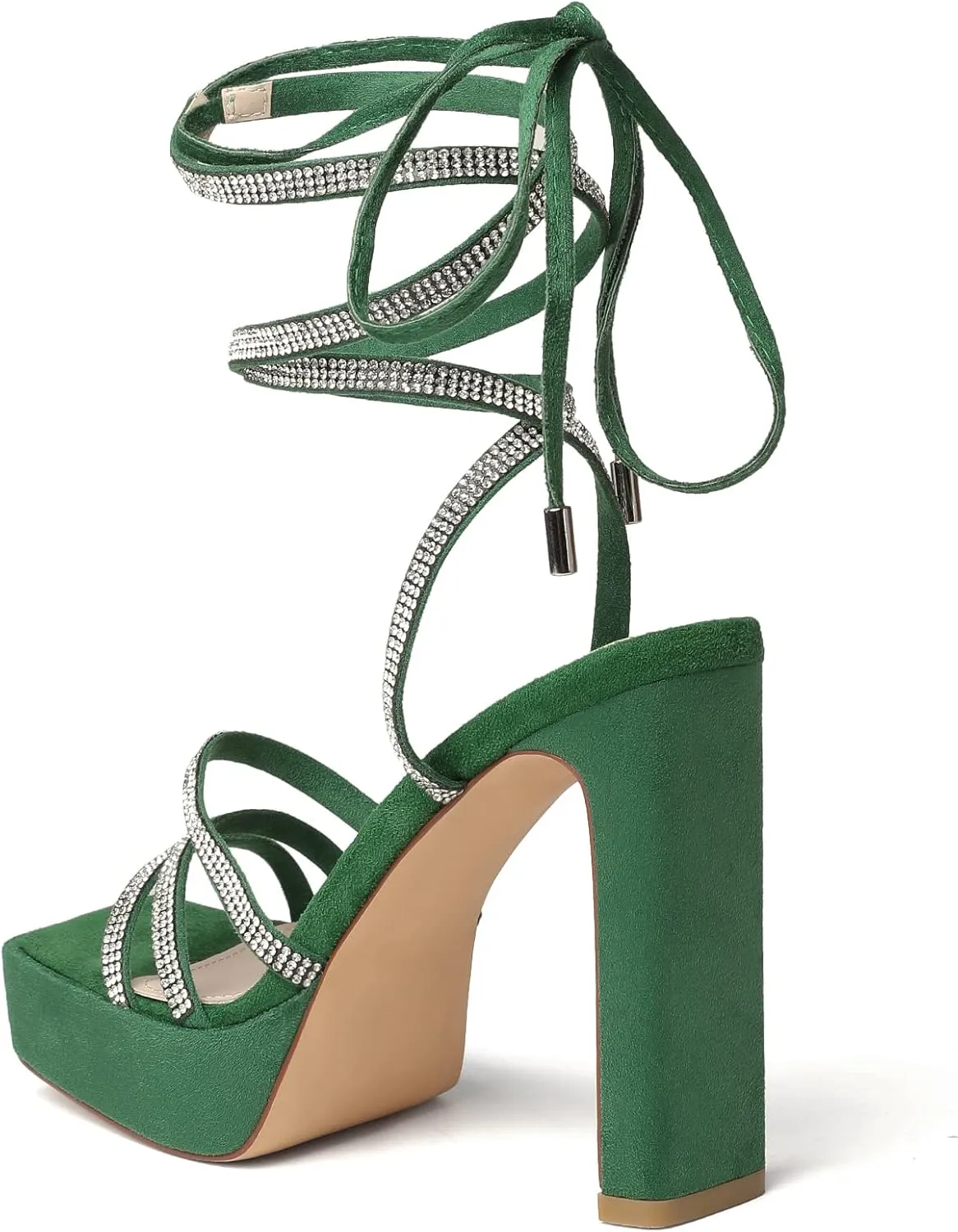 vivianly Women's Lace Up Platform Chunky Heel Sandals Suede Strappy Ankle Wrap Rhinestone Heels for Wedding Work Party Dress