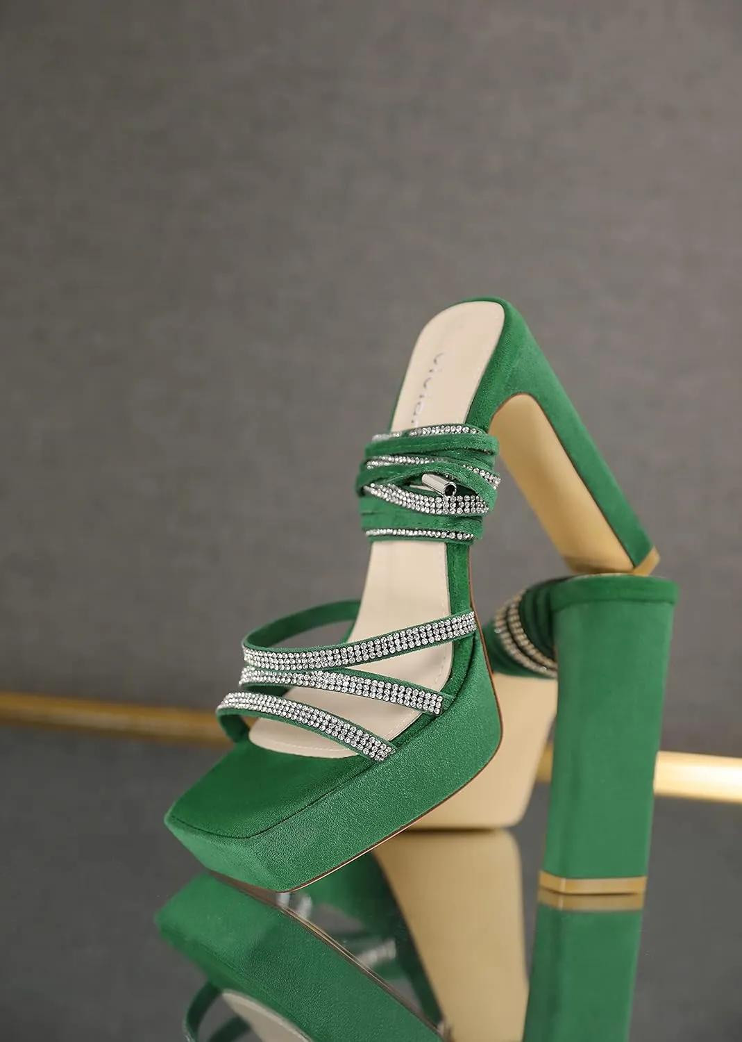 vivianly Women's Lace Up Platform Chunky Heel Sandals Suede Strappy Ankle Wrap Rhinestone Heels for Wedding Work Party Dress