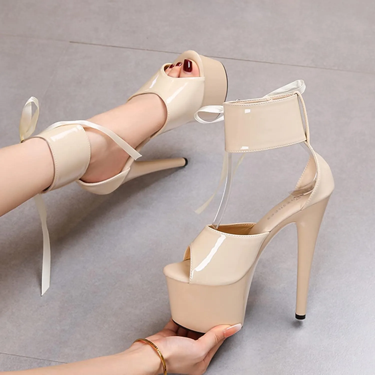 Vujkliy Women's Sandals Round Toe Platform Studs Lace Up Stiletto Sandals Sexy Catwalk Nightclub Striptease Plus Size 20 CM/7.87IN Fashion Sandals