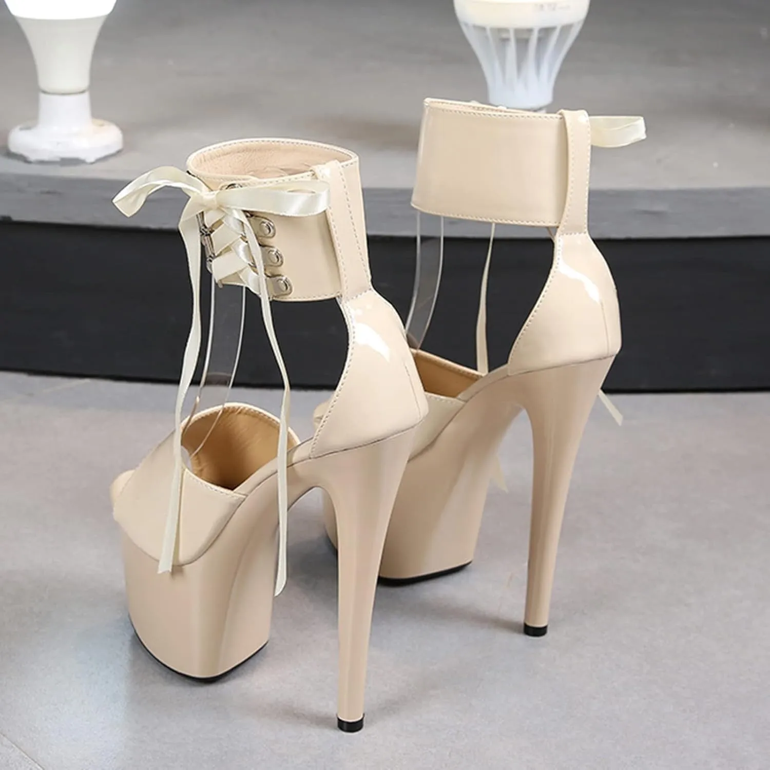 Vujkliy Women's Sandals Round Toe Platform Studs Lace Up Stiletto Sandals Sexy Catwalk Nightclub Striptease Plus Size 20 CM/7.87IN Fashion Sandals