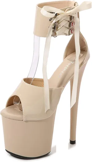 Vujkliy Women's Sandals Round Toe Platform Studs Lace Up Stiletto Sandals Sexy Catwalk Nightclub Striptease Plus Size 20 CM/7.87IN Fashion Sandals