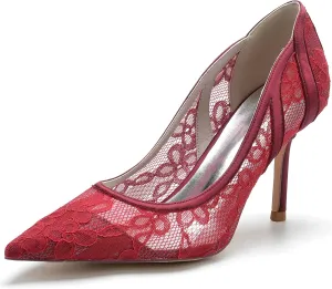 Wedding Dress Shoes for Women Pointed Toe Wedding Shoes Stiletto Heels Satin Bridal Shoes with Embroidery Lace Flower Closed Toe Sandals Ankle Strap Pumps