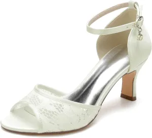 Wedding Shoes for Bride Peep Toe Comfortable Mid Block Heel Lace Ankle Strap Wedding Dress Pump Sandals 6.5Cm Heel Height