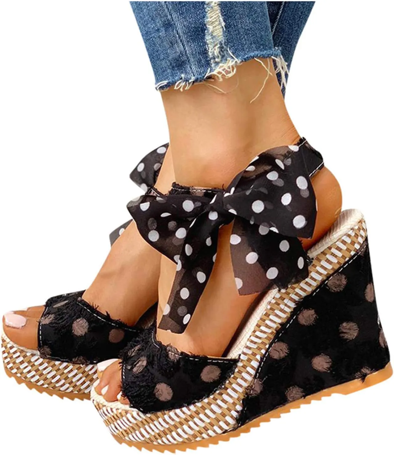 Wedge Sandals for Women Casual Summer Polka Dot Bow Lace up Fish Mouth Open Toe Chunky Platform Sandals Classic Comfy Outdoor High Heels Shoes