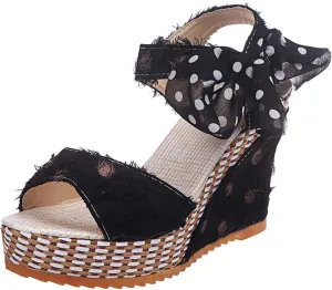 Wedge Sandals for Women Casual Summer Polka Dot Bow Lace up Fish Mouth Open Toe Chunky Platform Sandals Classic Comfy Outdoor High Heels Shoes