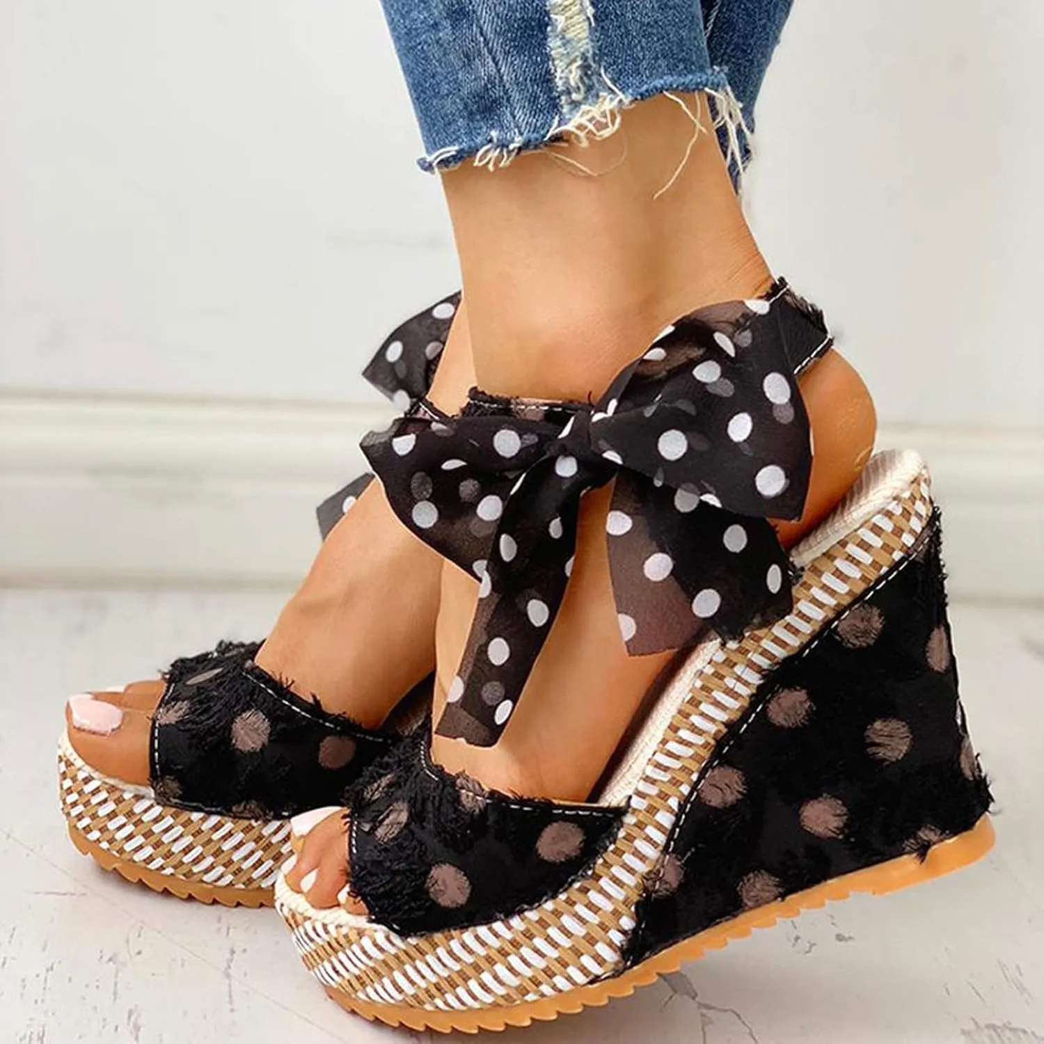 Wedge Sandals for Women Casual Summer Polka Dot Bow Lace up Fish Mouth Open Toe Chunky Platform Sandals Classic Comfy Outdoor High Heels Shoes