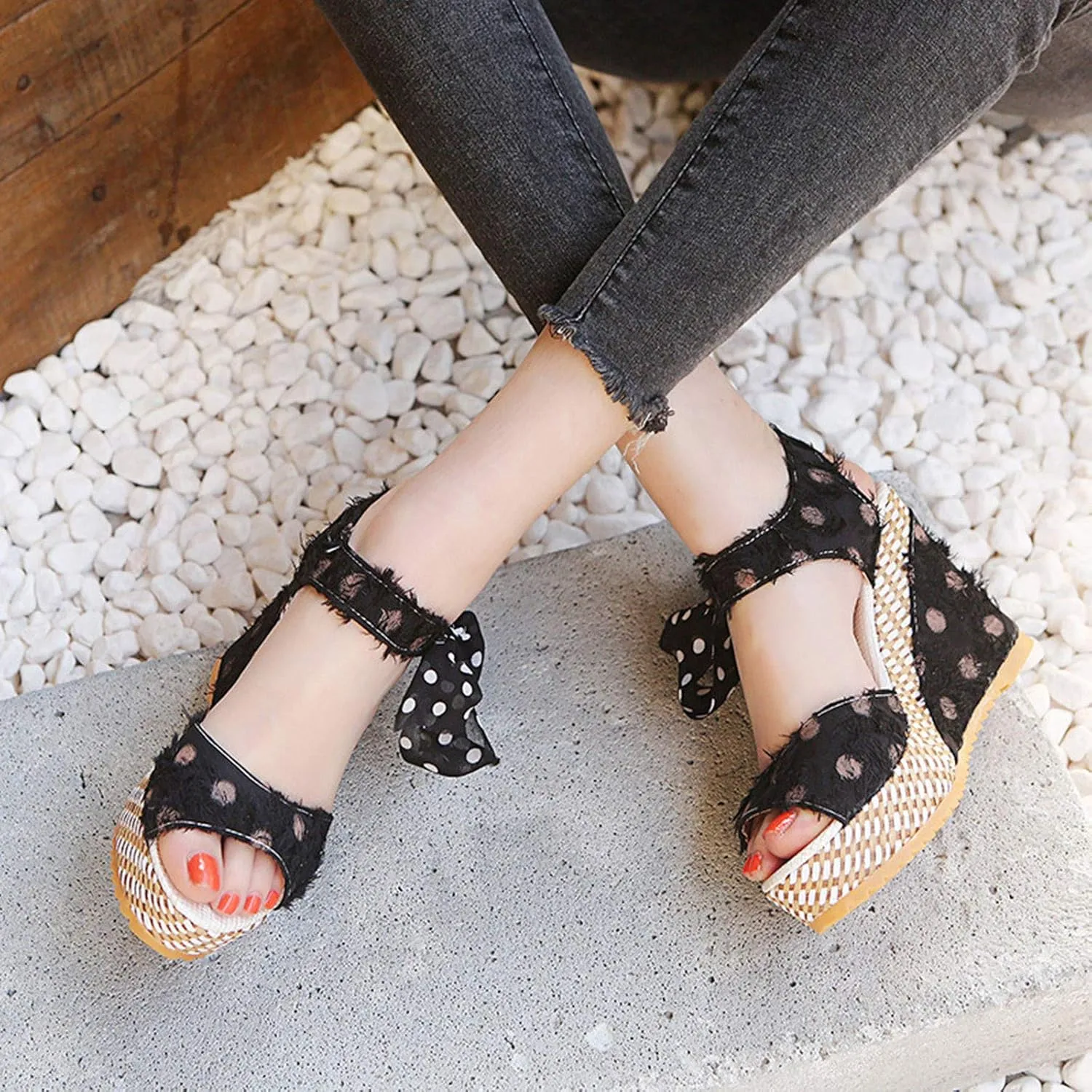 Wedge Sandals for Women Casual Summer Polka Dot Bow Lace up Fish Mouth Open Toe Chunky Platform Sandals Classic Comfy Outdoor High Heels Shoes