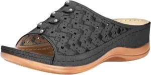 Wedge Sandals with Arched Support,Vintage Studded Fish Mouth Open Toe Hollow Platform Slipper Comfortable Breathable Non-Slip Ladies Casual Shoes