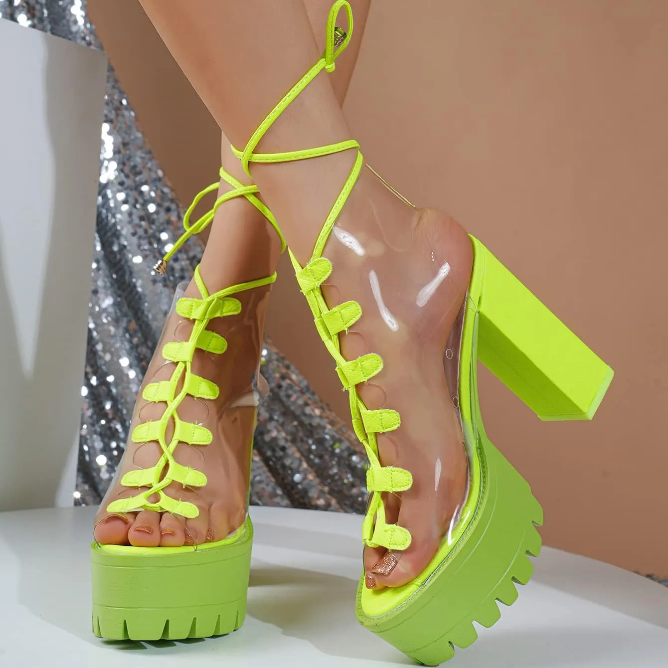 Women Booties Transparent Peep Toe Clear Lace Up Chunky Lug Sole Platform High Heels Summer Party Sandals Boots Shoes