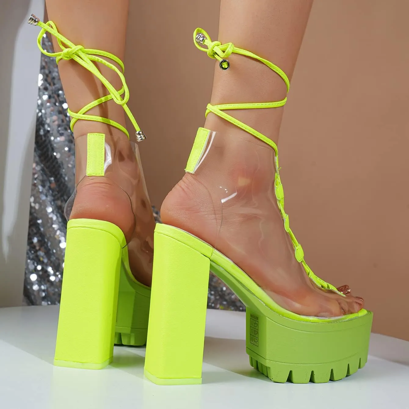 Women Booties Transparent Peep Toe Clear Lace Up Chunky Lug Sole Platform High Heels Summer Party Sandals Boots Shoes