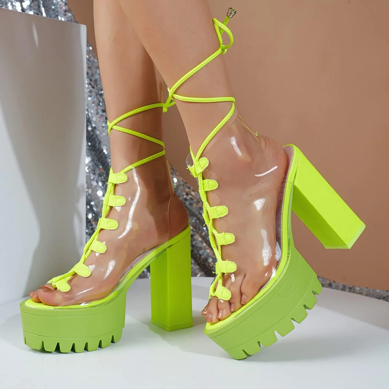 Women Booties Transparent Peep Toe Clear Lace Up Chunky Lug Sole Platform High Heels Summer Party Sandals Boots Shoes