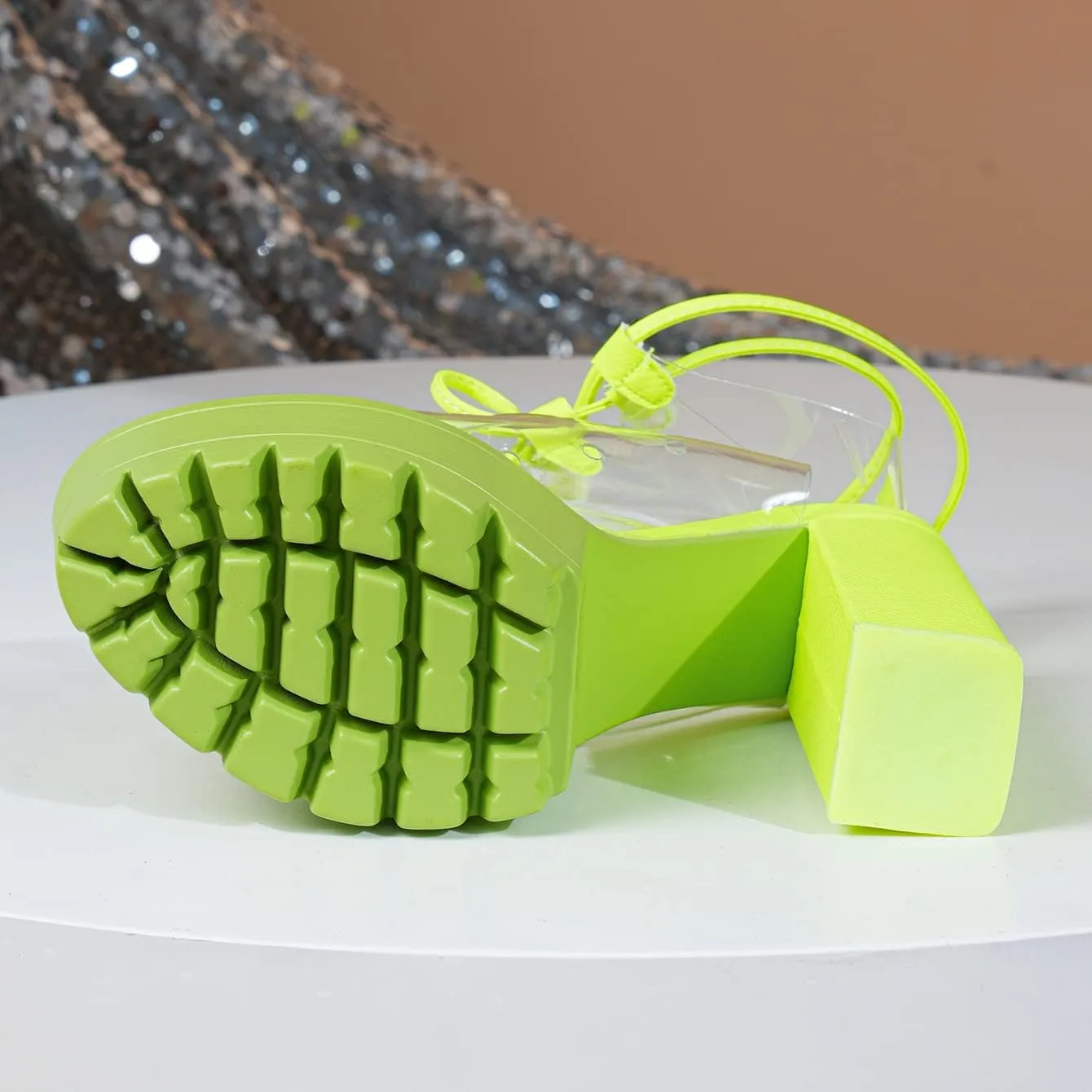 Women Booties Transparent Peep Toe Clear Lace Up Chunky Lug Sole Platform High Heels Summer Party Sandals Boots Shoes