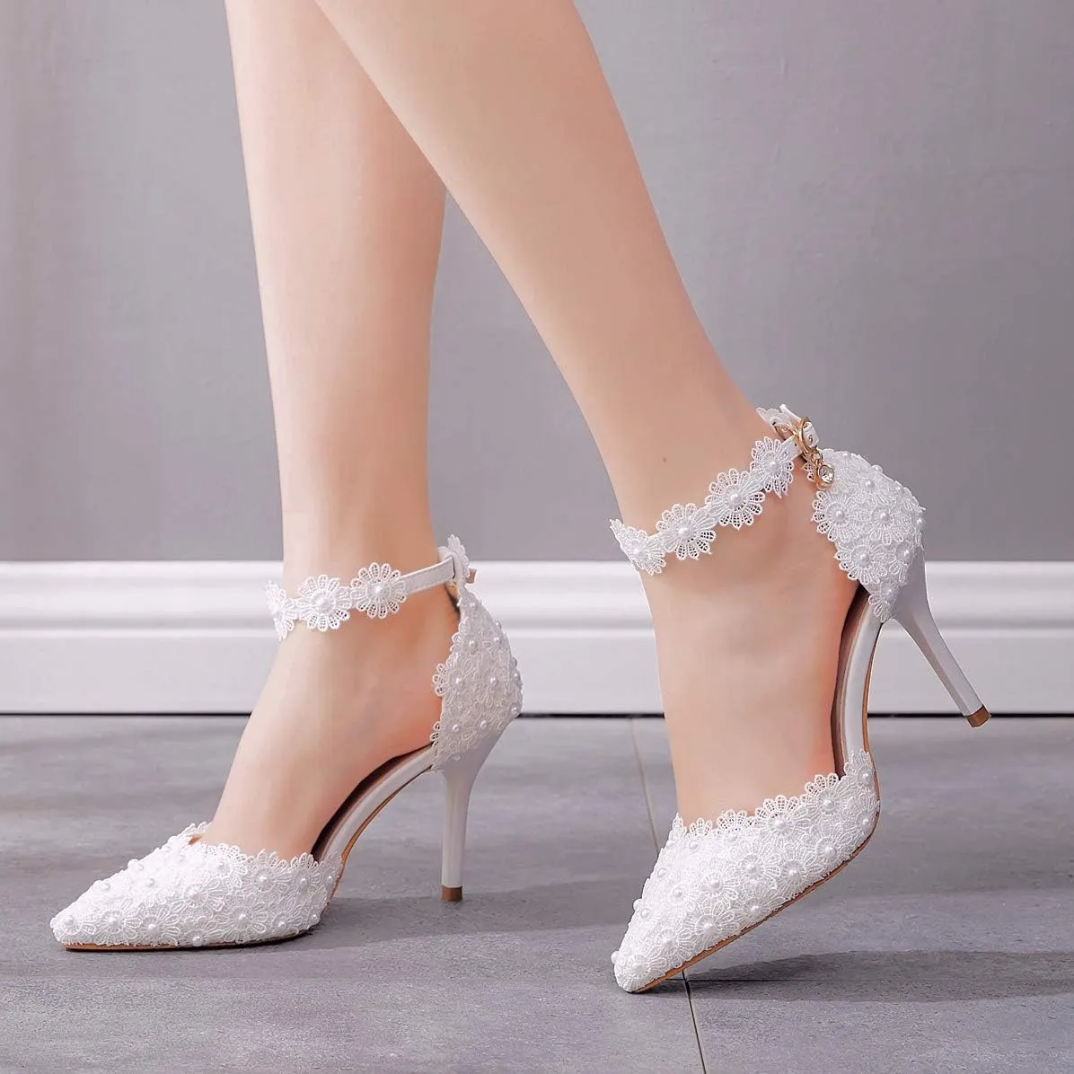 Women High Heels Sandals White Lace Pearls Wedding Shoes Pointed Toe Bridal Shoes