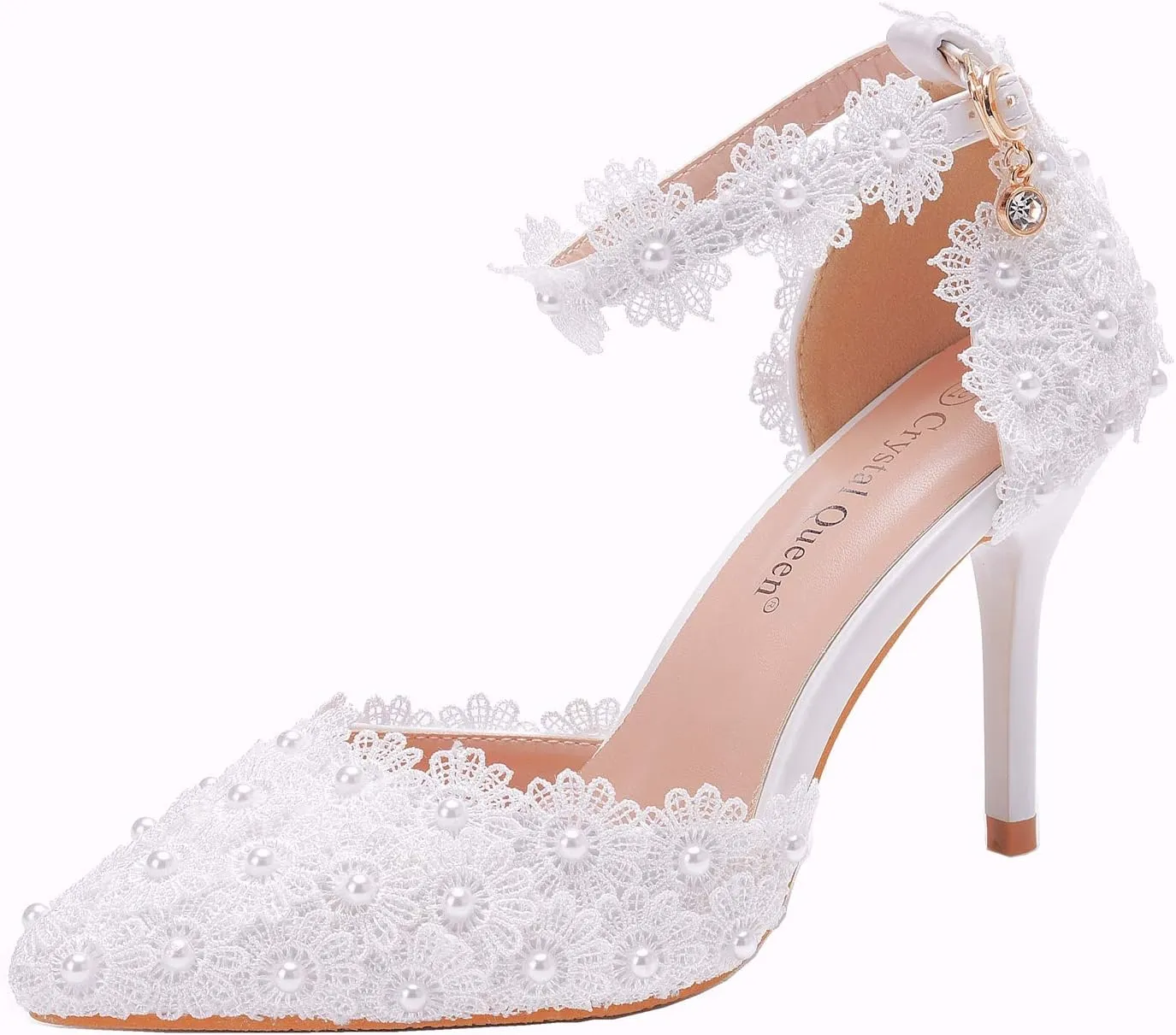 Women High Heels Sandals White Lace Pearls Wedding Shoes Pointed Toe Bridal Shoes