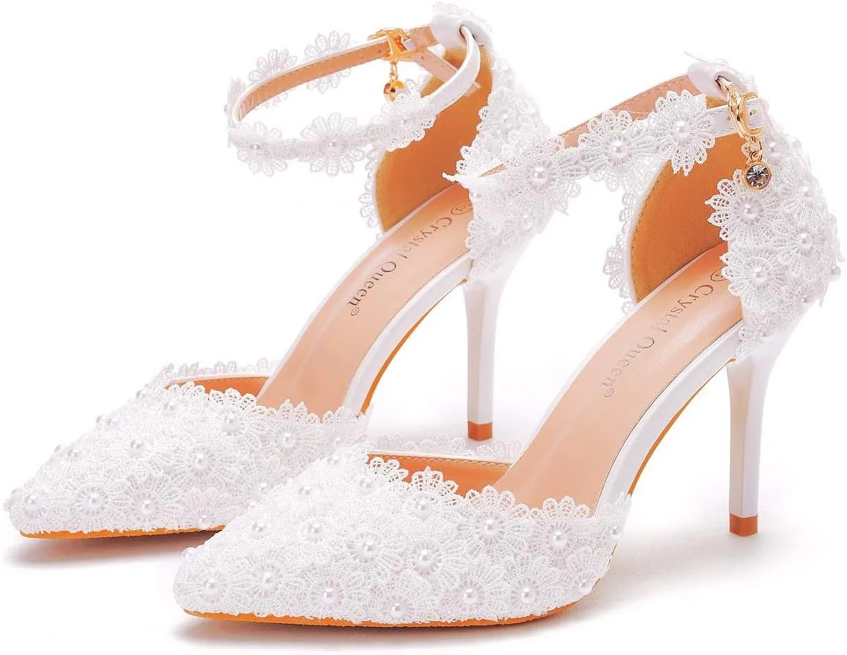 Women High Heels Sandals White Lace Pearls Wedding Shoes Pointed Toe Bridal Shoes