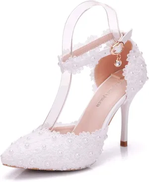 Women High Heels Sandals White Lace Pearls Wedding Shoes Pointed Toe Bridal Shoes