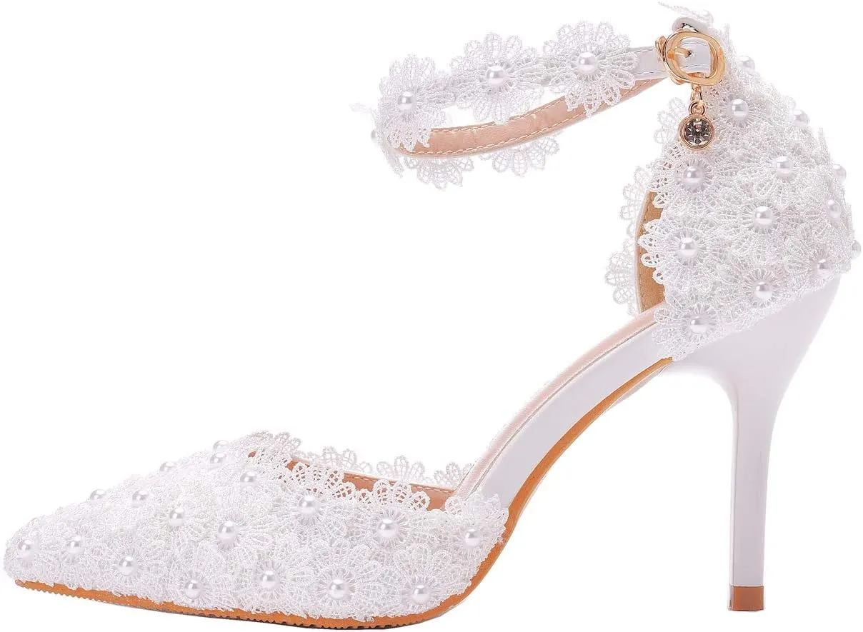 Women High Heels Sandals White Lace Pearls Wedding Shoes Pointed Toe Bridal Shoes