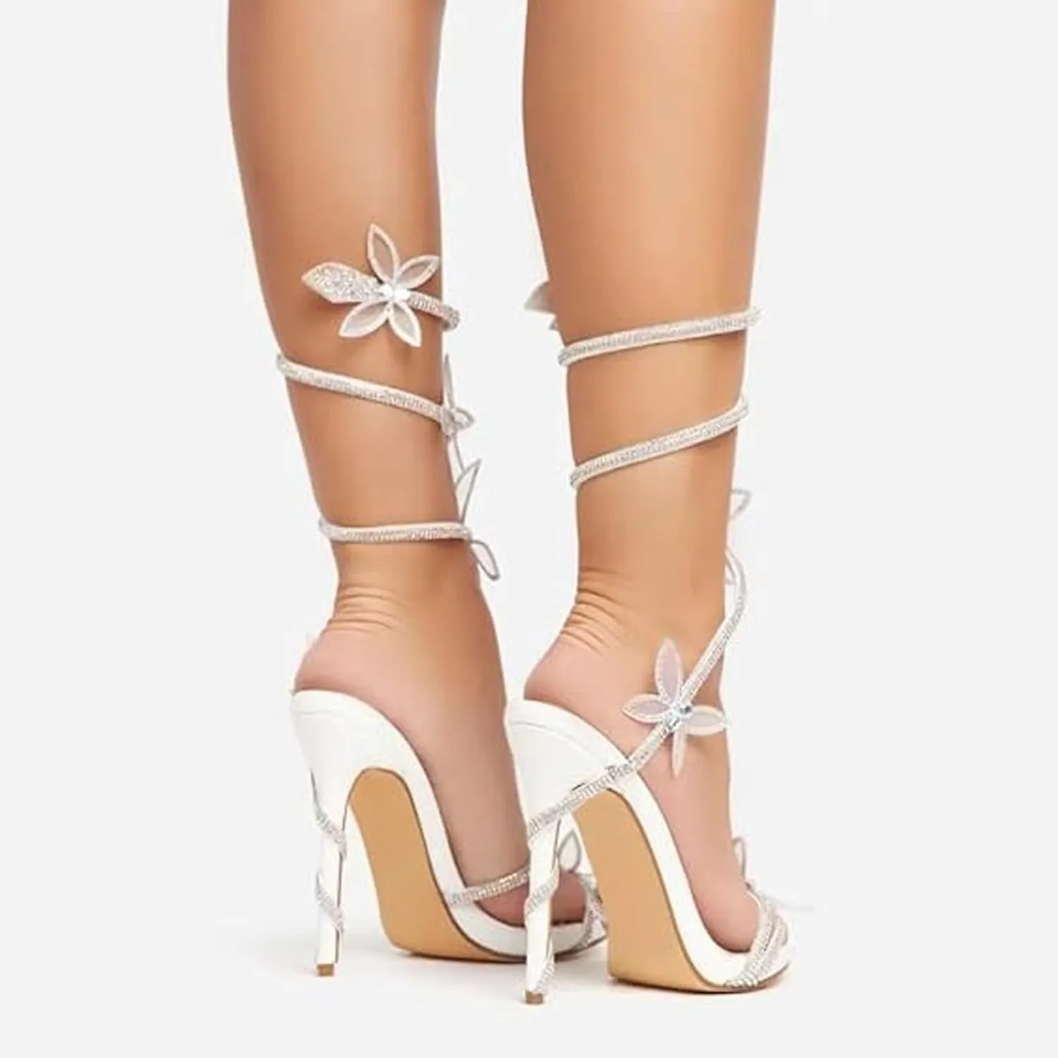 Women Rhinestone Butterfly Spiral Wrap Around High Heel Sandals Rhinestone Sparkly Stiletto Heel Sandals