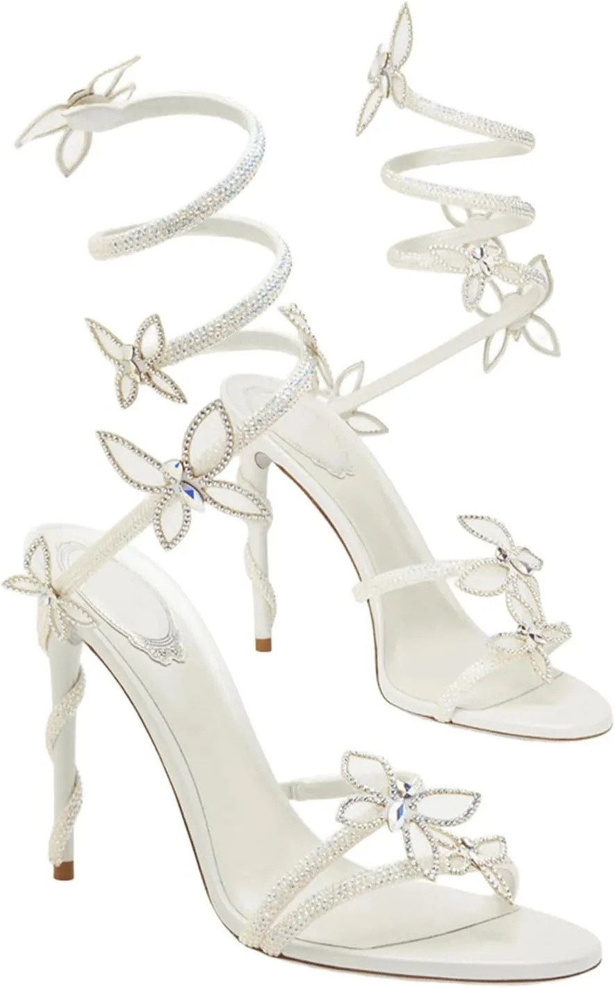 Women Rhinestone Butterfly Spiral Wrap Around High Heel Sandals Rhinestone Sparkly Stiletto Heel Sandals