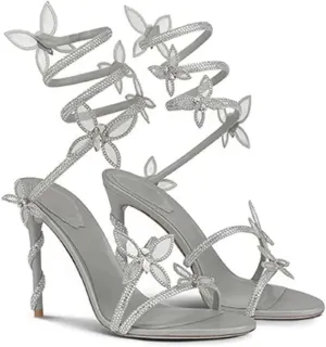 Women Rhinestone Butterfly Spiral Wrap Around High Heel Sandals Rhinestone Sparkly Stiletto Heel Sandals