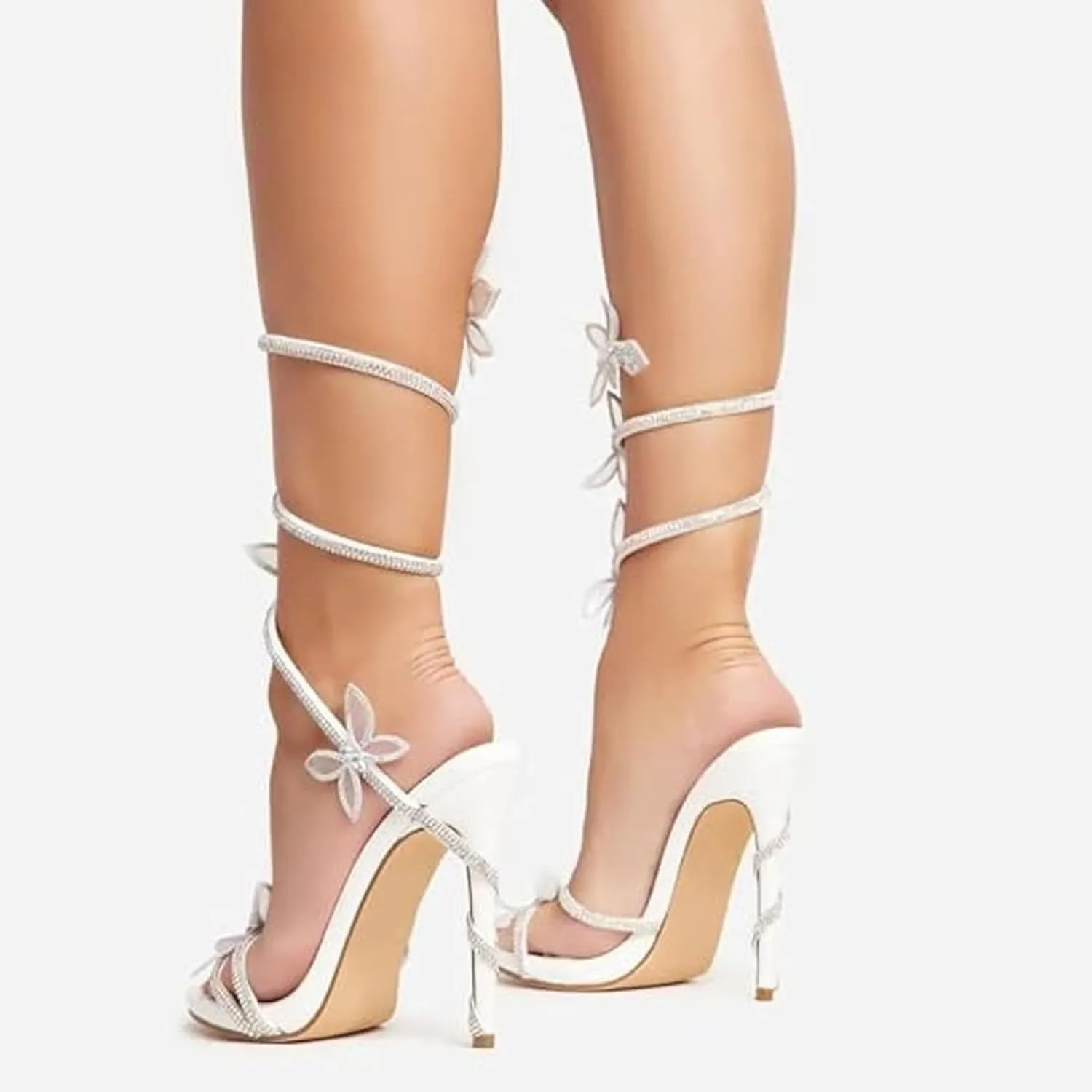 Women Rhinestone Butterfly Spiral Wrap Around High Heel Sandals Rhinestone Sparkly Stiletto Heel Sandals