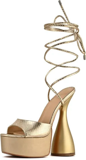 Women Sexy Platform Spike Heel Round Toe Lace Up heels Chunky Block Heel Heeled Dress Sandals