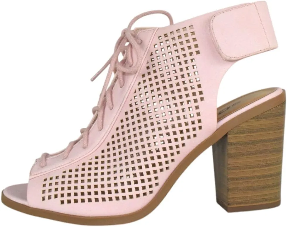 Women Shoes Ankle Strap Block High Heel Cutout Sandals Open Peep Toe Lace Up Booties Citizen-S