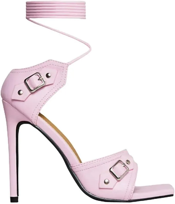 Women Square Toe Lace up High heel sandals