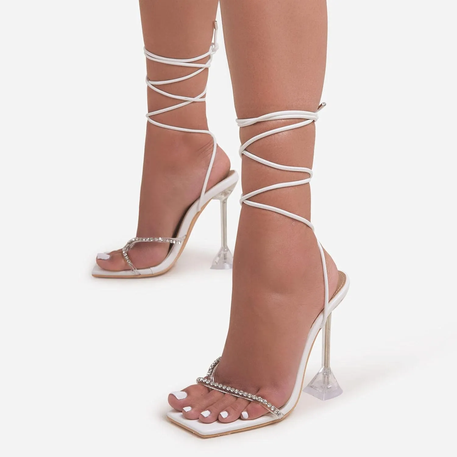 Women square toe lace up stiletto high heel gladiator sandals