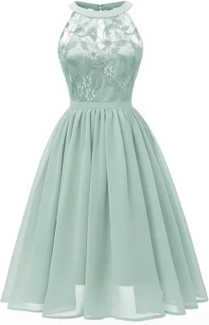 Women Vintage Halter Neck Floral Lace Hi-Lo Backless Bridesmaid Dress A-Line Short Prom Retro Cocktail Formal Swing Dress