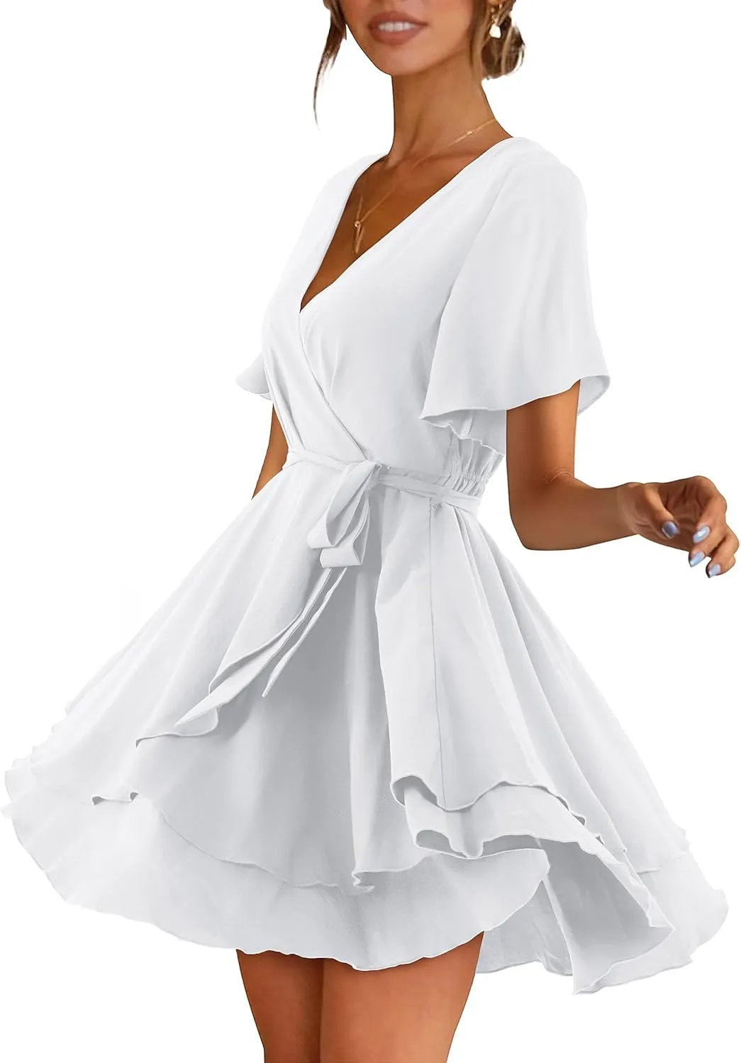Women Wrap Dress Casual Mini V Neck Fall Long Sleeve Wedding Guest Dresses with Belt