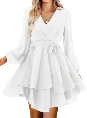 Women Wrap Dress Casual Mini V Neck Fall Long Sleeve Wedding Guest Dresses with Belt