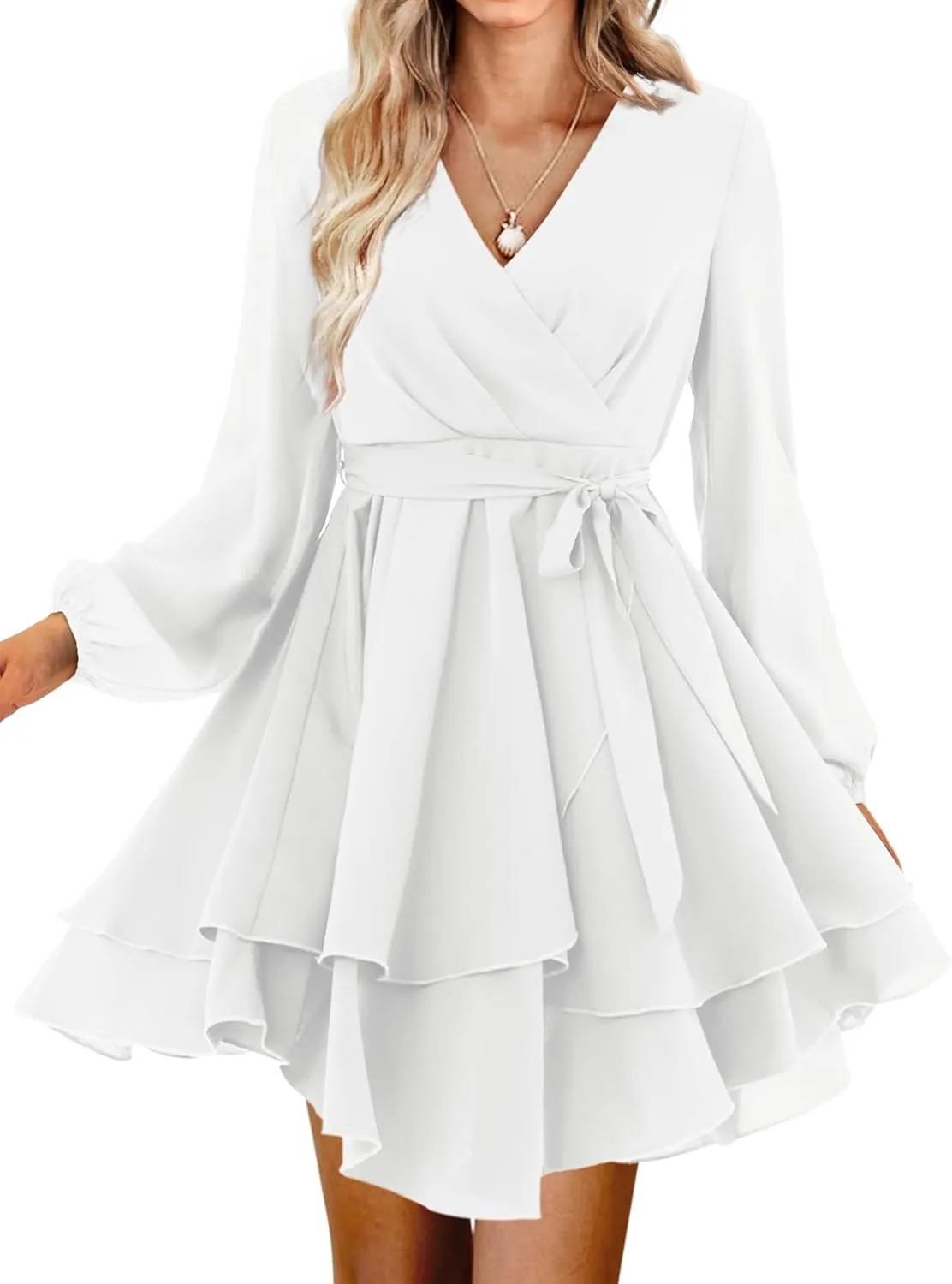 Women Wrap Dress Casual Mini V Neck Fall Long Sleeve Wedding Guest Dresses with Belt