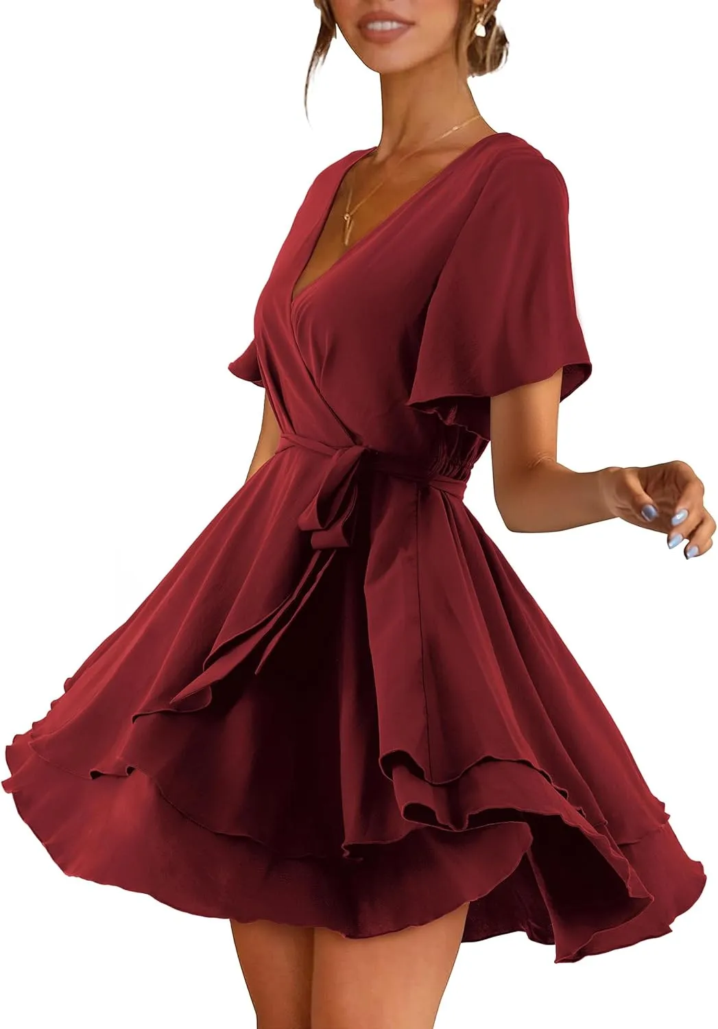 Women Wrap Dress Casual Mini V Neck Fall Long Sleeve Wedding Guest Dresses with Belt