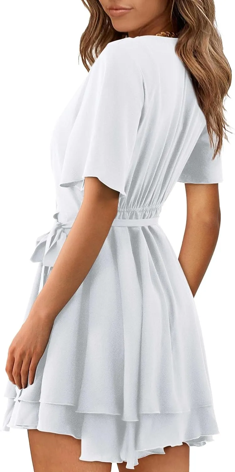 Women Wrap Dress Casual Mini V Neck Fall Long Sleeve Wedding Guest Dresses with Belt