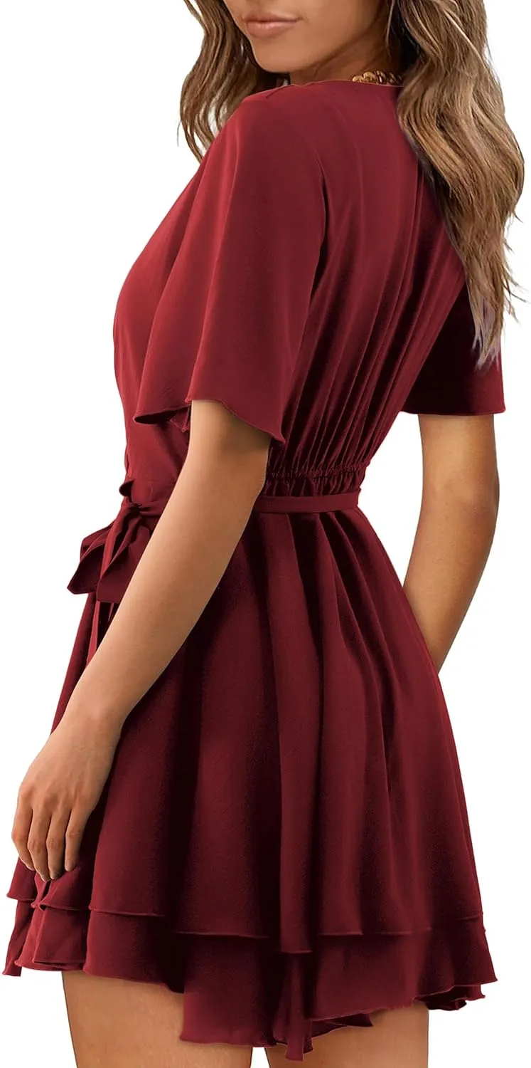 Women Wrap Dress Casual Mini V Neck Fall Long Sleeve Wedding Guest Dresses with Belt