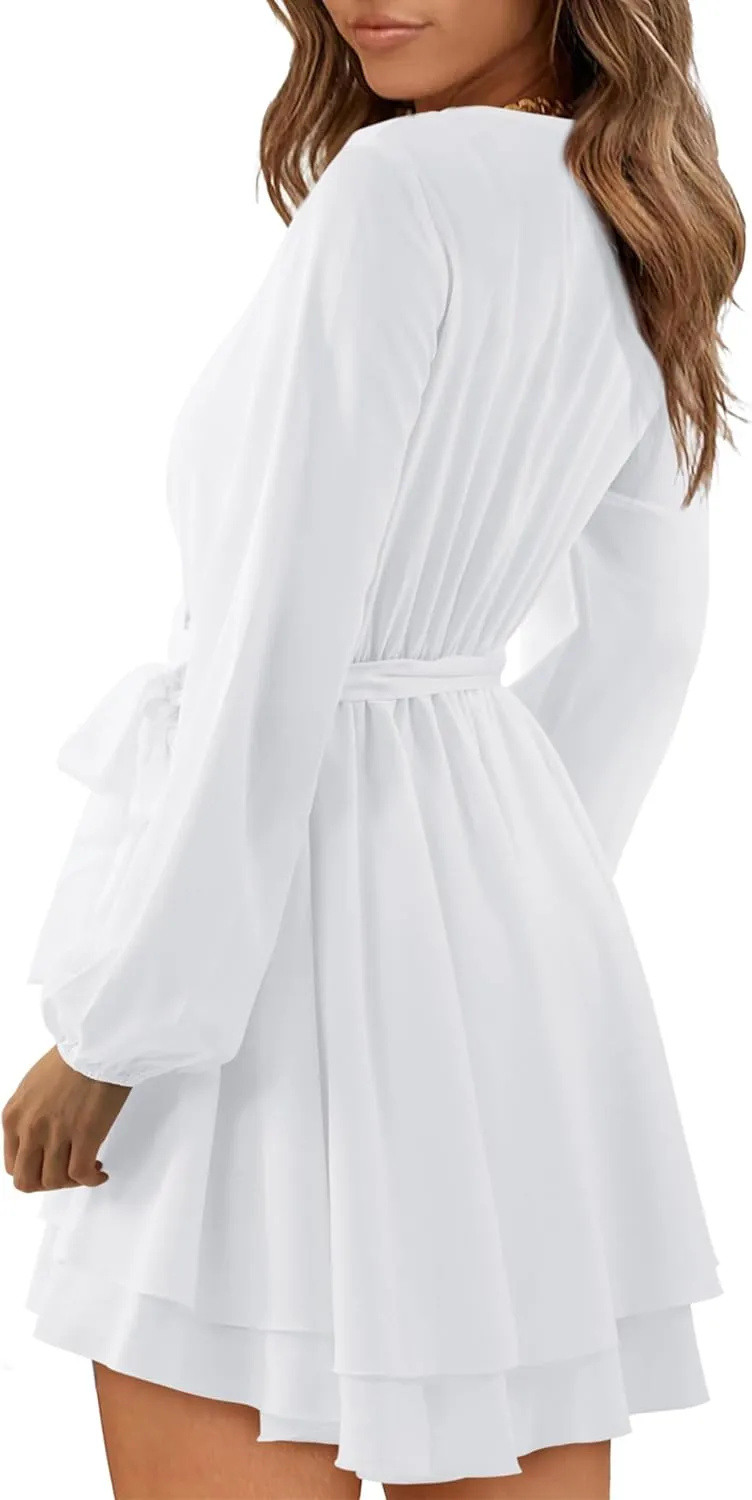 Women Wrap Dress Casual Mini V Neck Fall Long Sleeve Wedding Guest Dresses with Belt