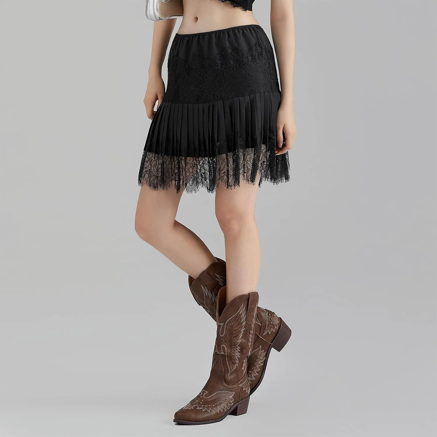 Women Y2k Lace Slip Skirt Mini Mid-Rise Ruffle Floral Lace Tiered Short Skirts Vintage Aesthetic Streetwear