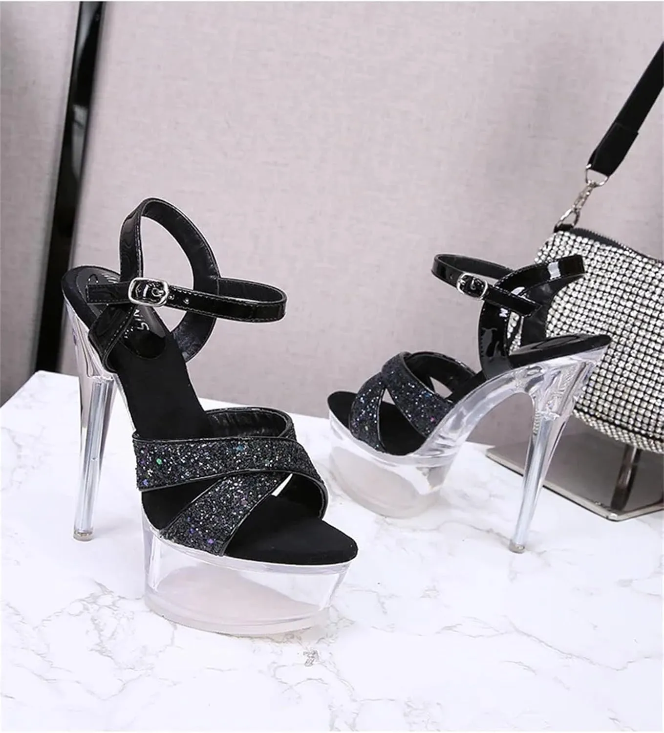 Women's 14cm Bling Sandals - Glitter Sequin Black Wedding Classics